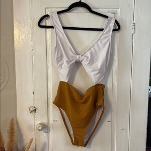 Stylish White and Mustard One Piece Swimsuit